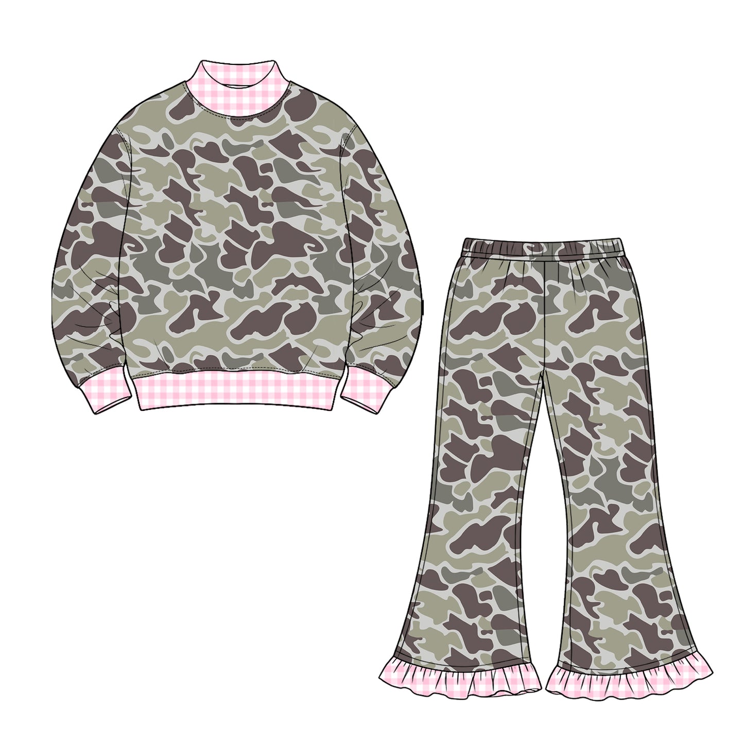 Preorder moq 5 Baby Girls Southern Grey Camo Top Ruffle Flare Pant Clothes Set