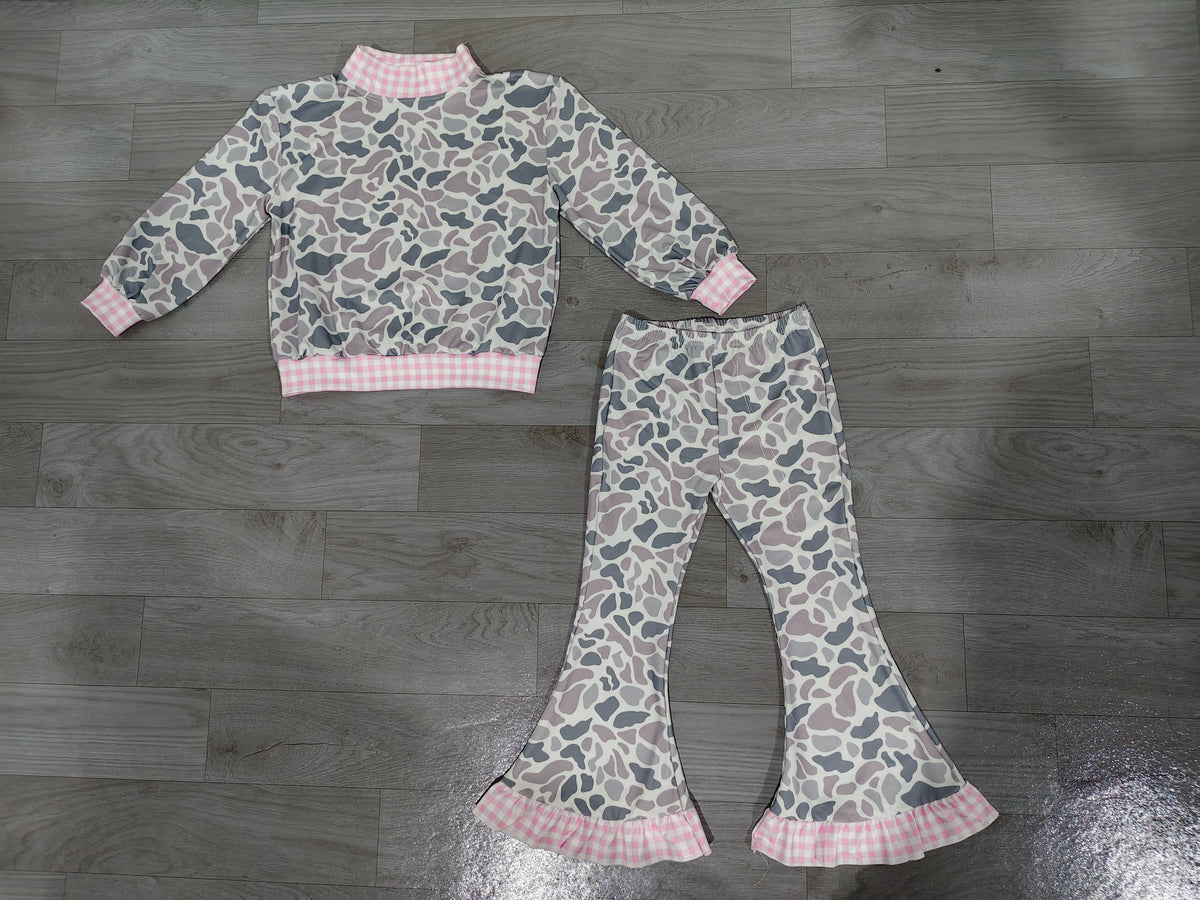 Baby Girls Southern Light Grey Camo Top Ruffle Flare Pant Clothes Set Preorder