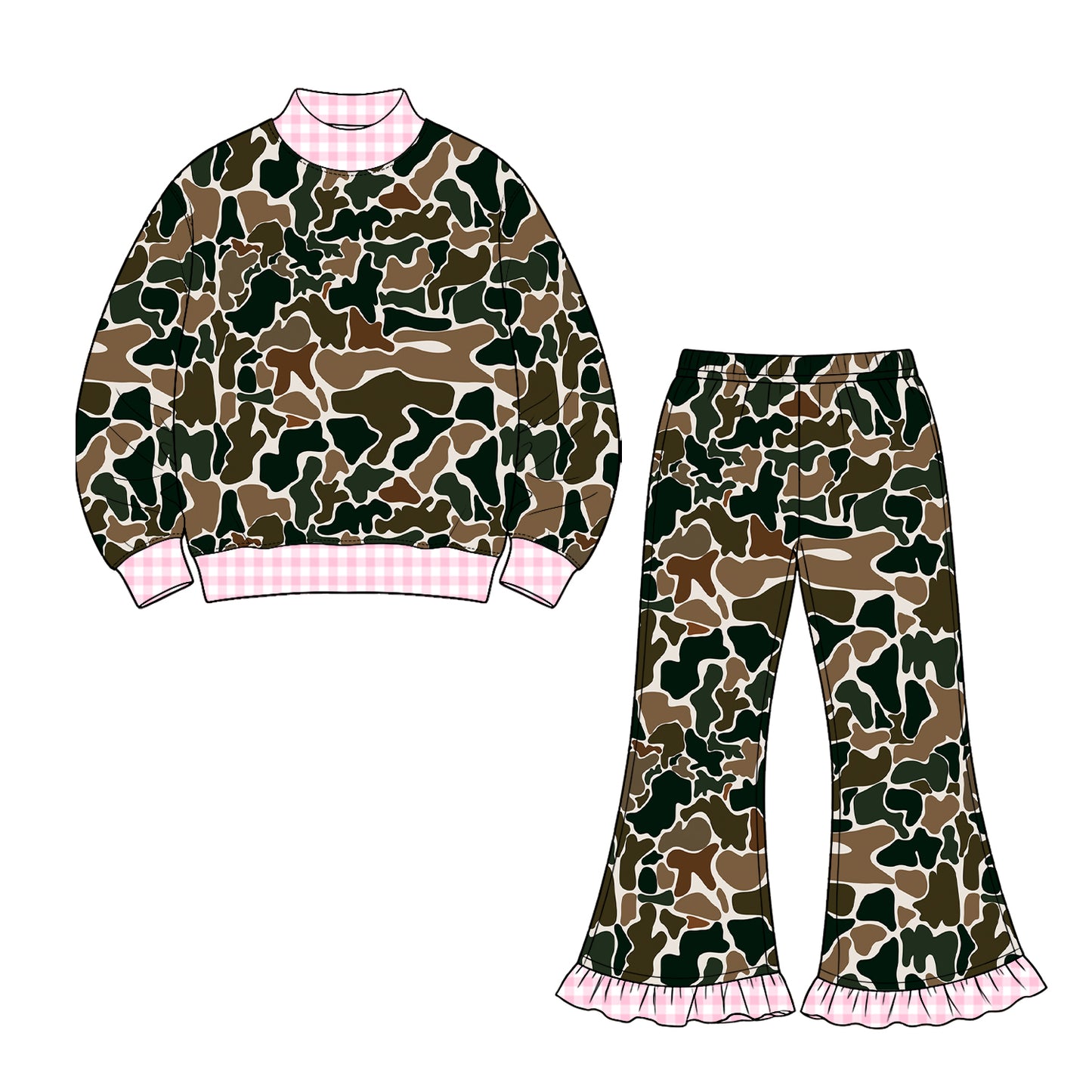 Preorder moq 5 Baby Girls Southern Dark Brown Camo Top Ruffle Flare Pant Clothes Set