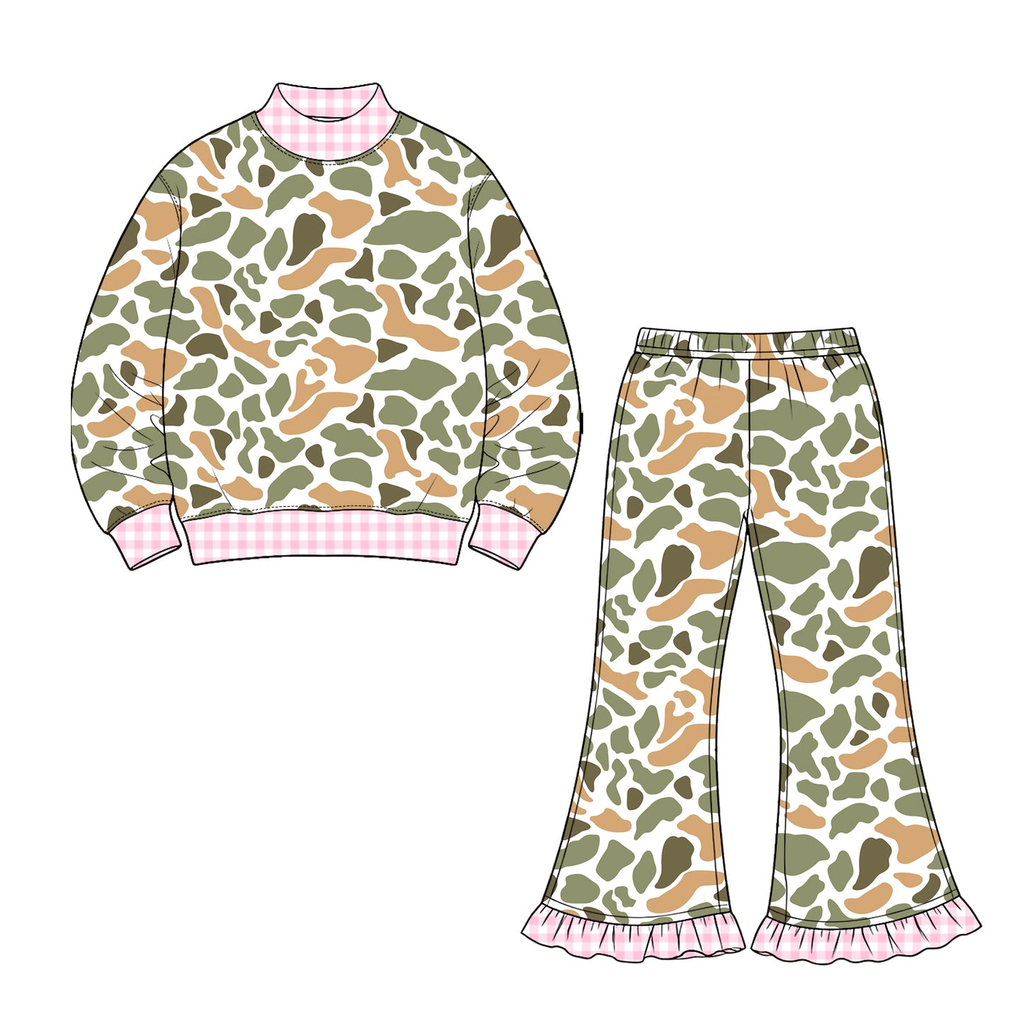 Preorder moq 5 Baby Girls Southern Yellow Camo Top Ruffle Flare Pant Clothes Set