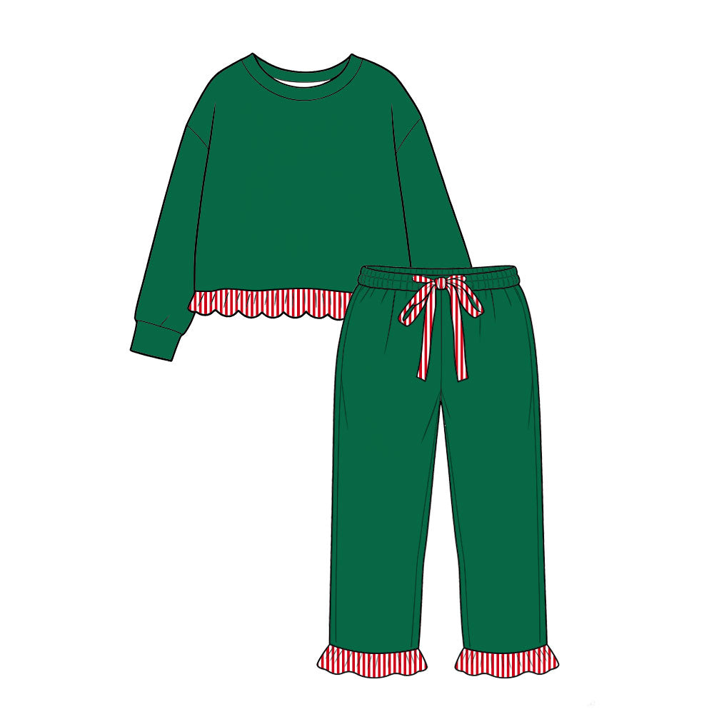 Preorder moq 5 Baby Girls Green Long Sleeve Scallop Tunic Ruffle Pant Clothes Set