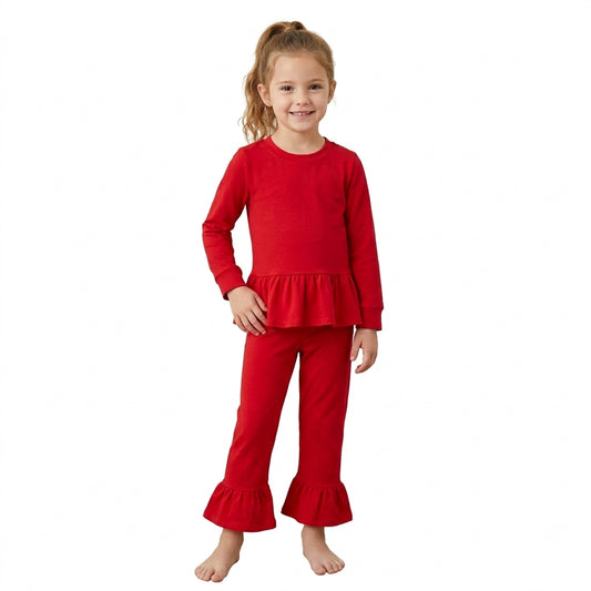 Baby Girls Red Long Sleeve Shirt Tunic Ruffle Pant Clothes Set