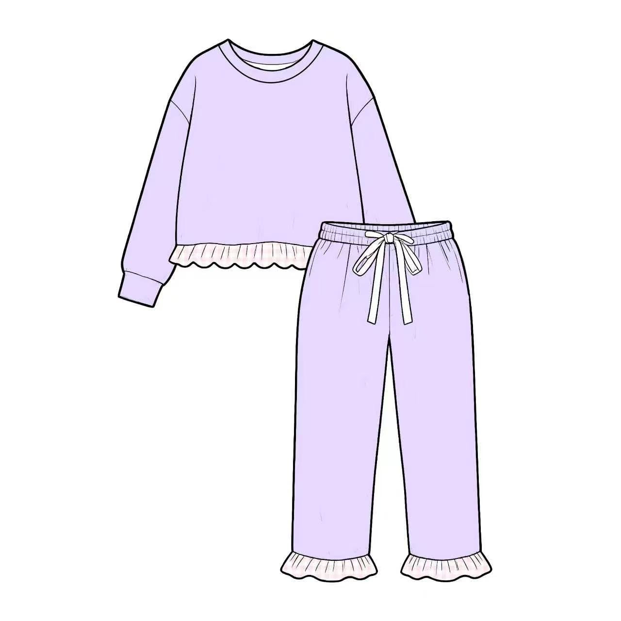 Preorder moq 5 Baby Girls Lavender Long Sleeve Top Ruffle Pant Clothes Set