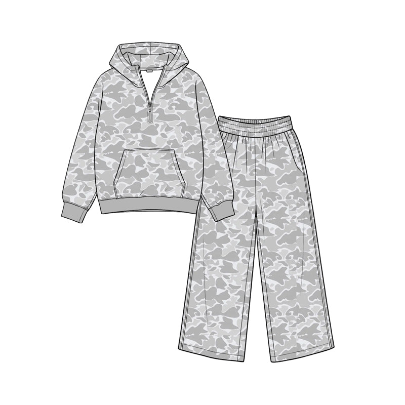 Preorder moq 5 Baby Girls Light Grey Camo Zip Pocket Hoodie Flare Pant Clothes Sets