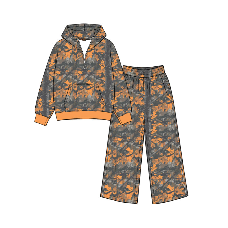 Preorder moq 5 Baby Girls Leaves Camo Zip Pocket Hoodie Flare Pant Clothes Sets