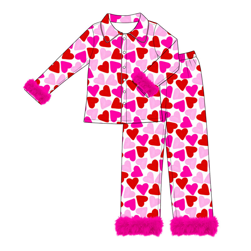 Preorder moq 5 Adult Women Hearts Button Top Pant Valentines Fur Sleeves Pajamas Set