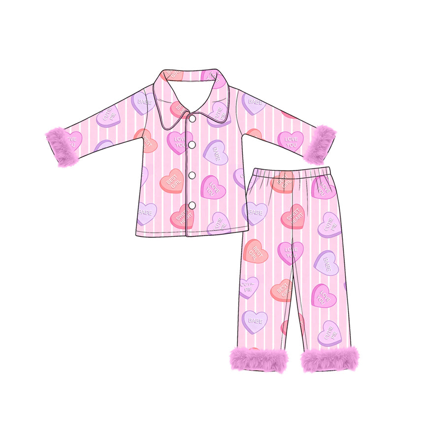 Preorder moq 5 Baby Girls Pink Stripe LOVE YOU Hearts Fur Sleeves Valentines Pajamas Sets