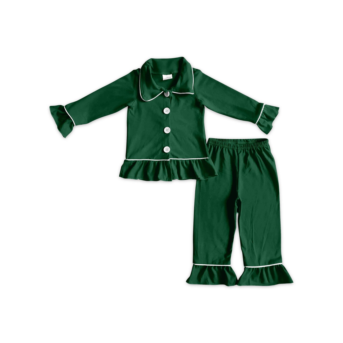 Preorder moq 5 Baby Girls Dark Green Button Top Ruffle Pant Christmas Pajamas Sets