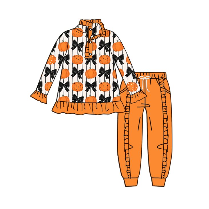 Preorder moq 5 Baby Girls Bows Pumpkins Button Pullover Pockets Joggers Fall Set