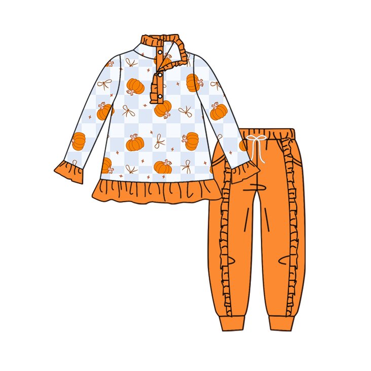 Preorder moq 5 Baby Girls Bows Pumpkins Button Pullover Pockets Joggers Fall Set