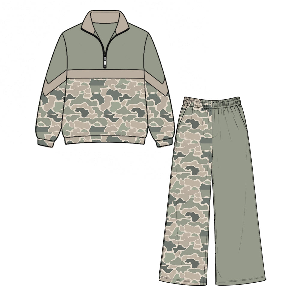 Preorder moq 5 Baby Girls Green Grey Camo Zip Pullover Pockets Flare Pant Clothes Set