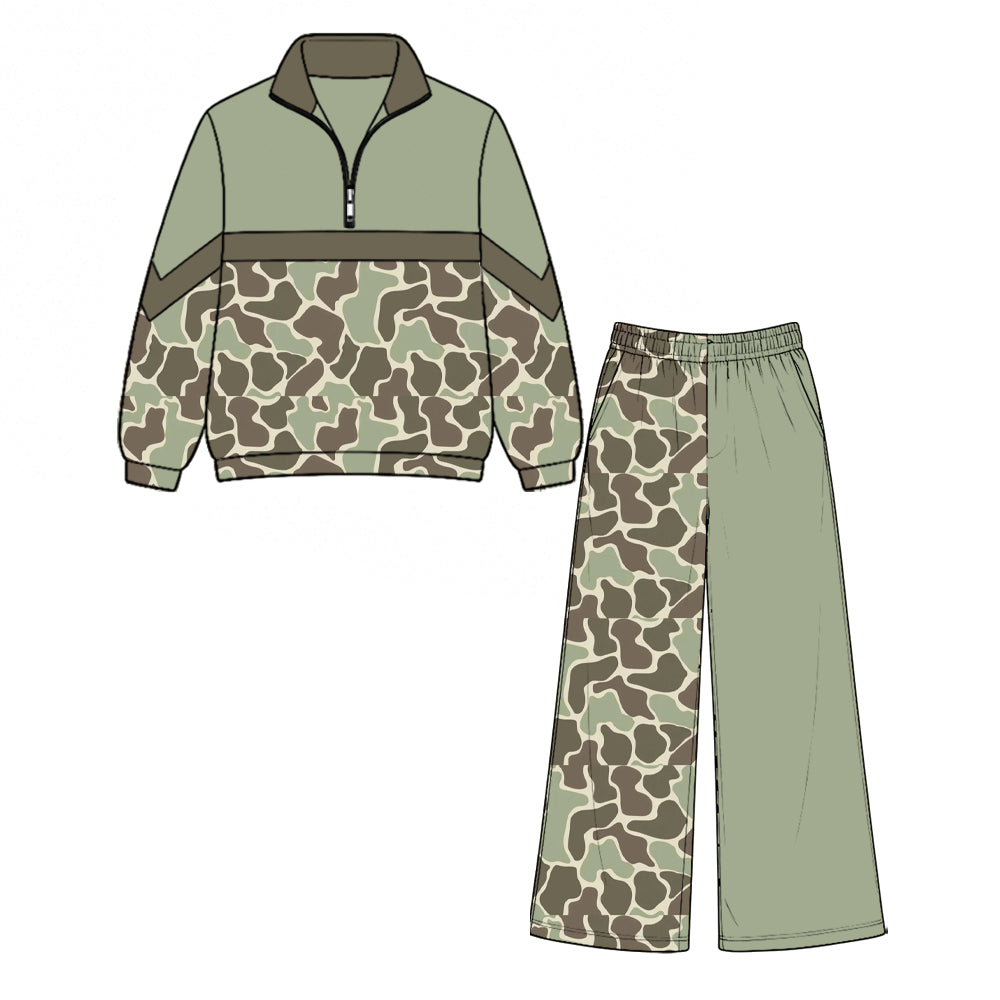 Preorder moq 5 Baby Girls Olive Camo Zip Pullover Pockets Flare Pant Clothes Set