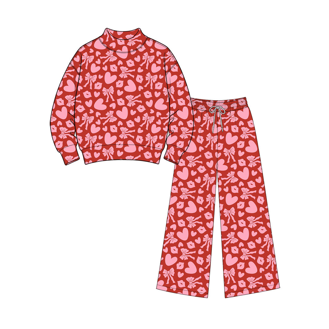 Preorder moq 5 Adult Women Bows Hearts Choker Top Flare Pant Valentines Clothes Set