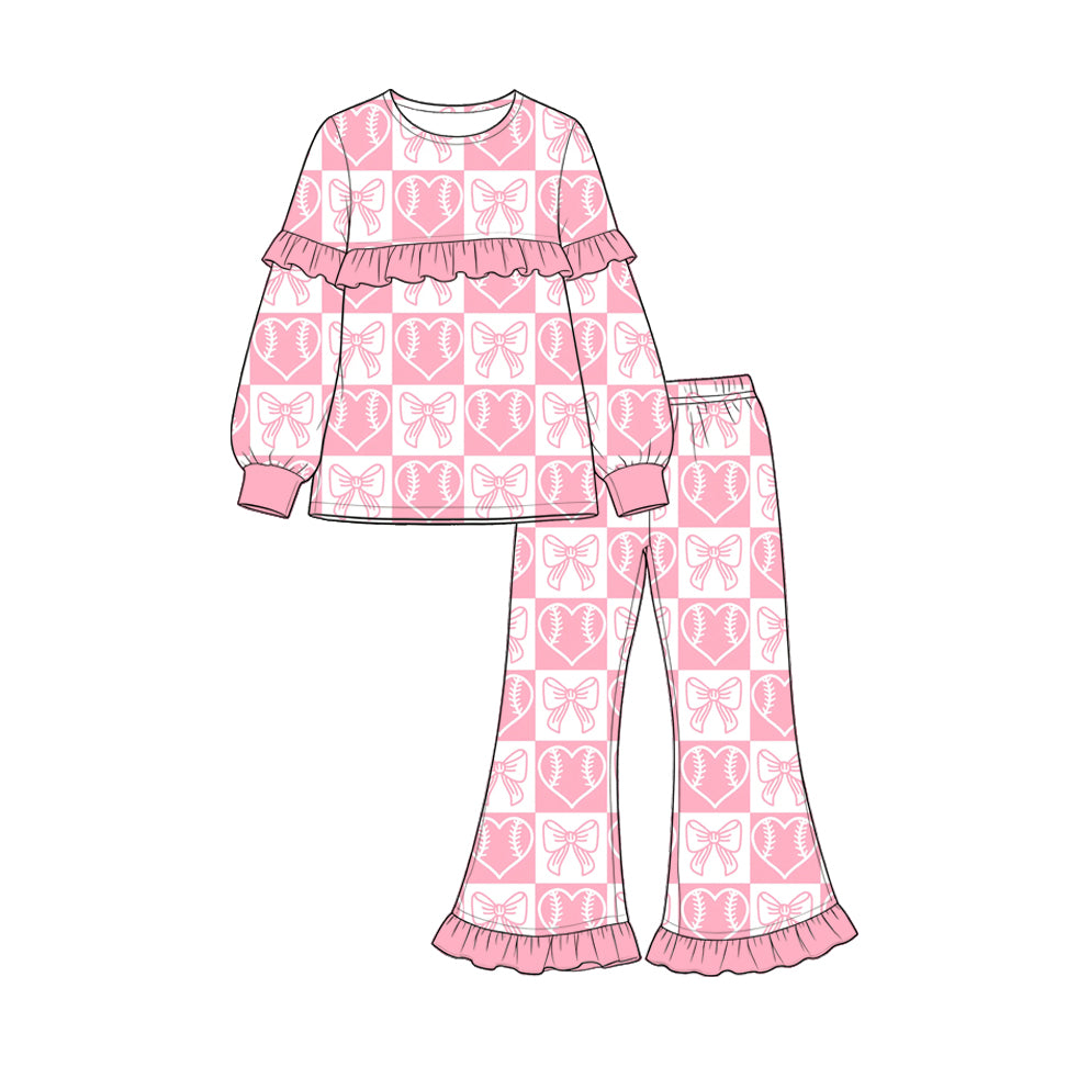 Baby Girls Baseball Heart Bows Checked Top Ruffle Pant Valentines Clothes Set Preorder