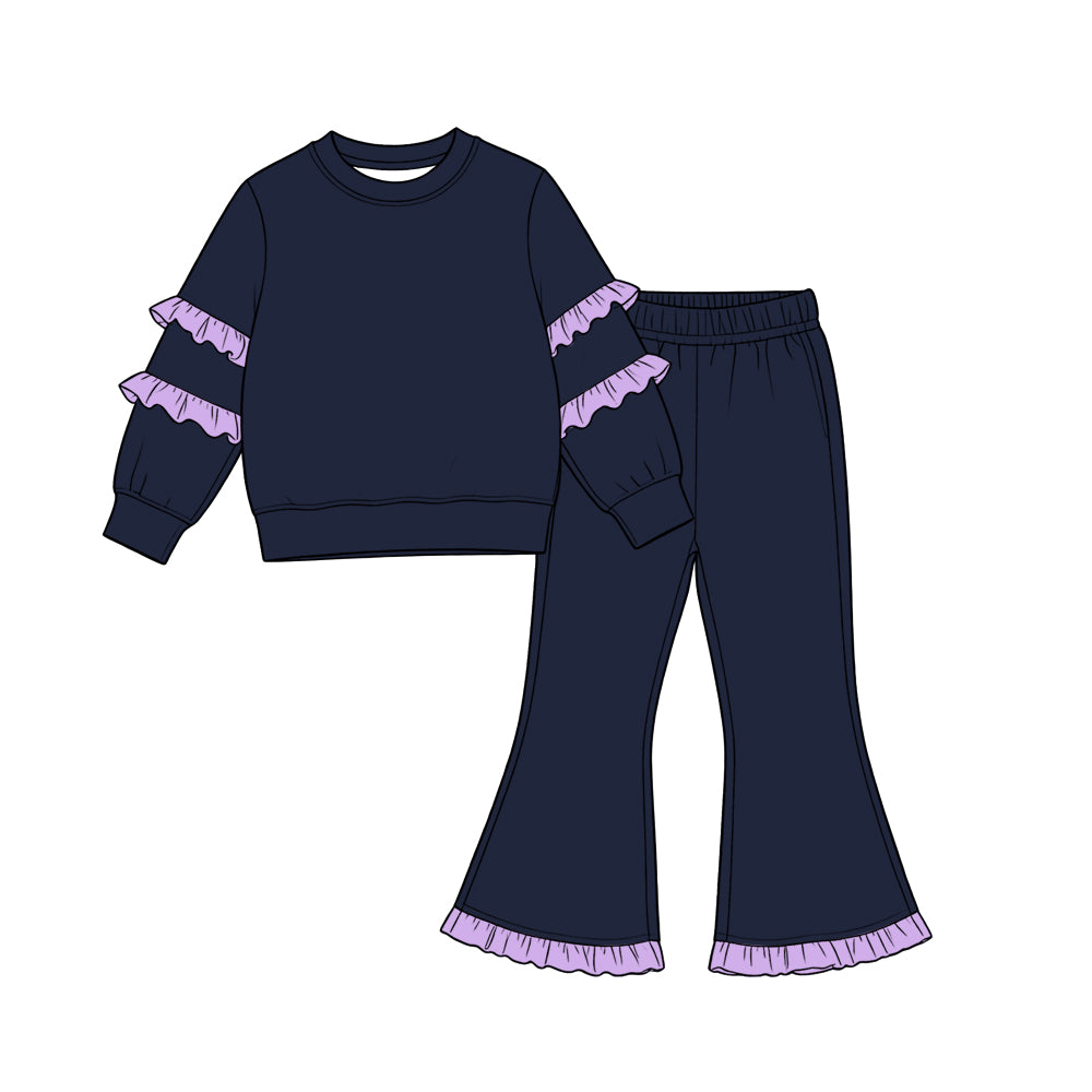 Baby Girls Navy Long Sleeve Top Bell Bottom Ruffle Pant Clothes Set Preorder
