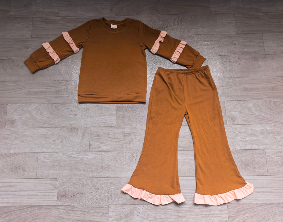 Baby Girls Brown Long Sleeve Top Bell Bottom Ruffle Pant Clothes Set Preorder