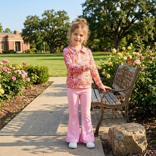 Baby Girls Fall Flowers Zip Pullovers Pink Yoga Active Bell Bottom Pant Clothes Sets