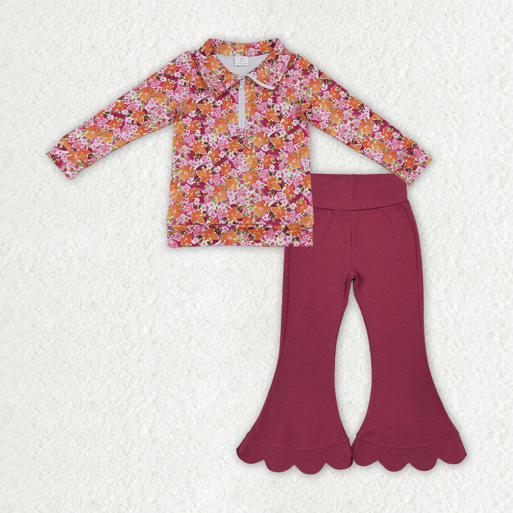 Baby Girls Fall Flowers Zip Pullovers Maroon Scallop Bell Bottom Pant Clothes Sets