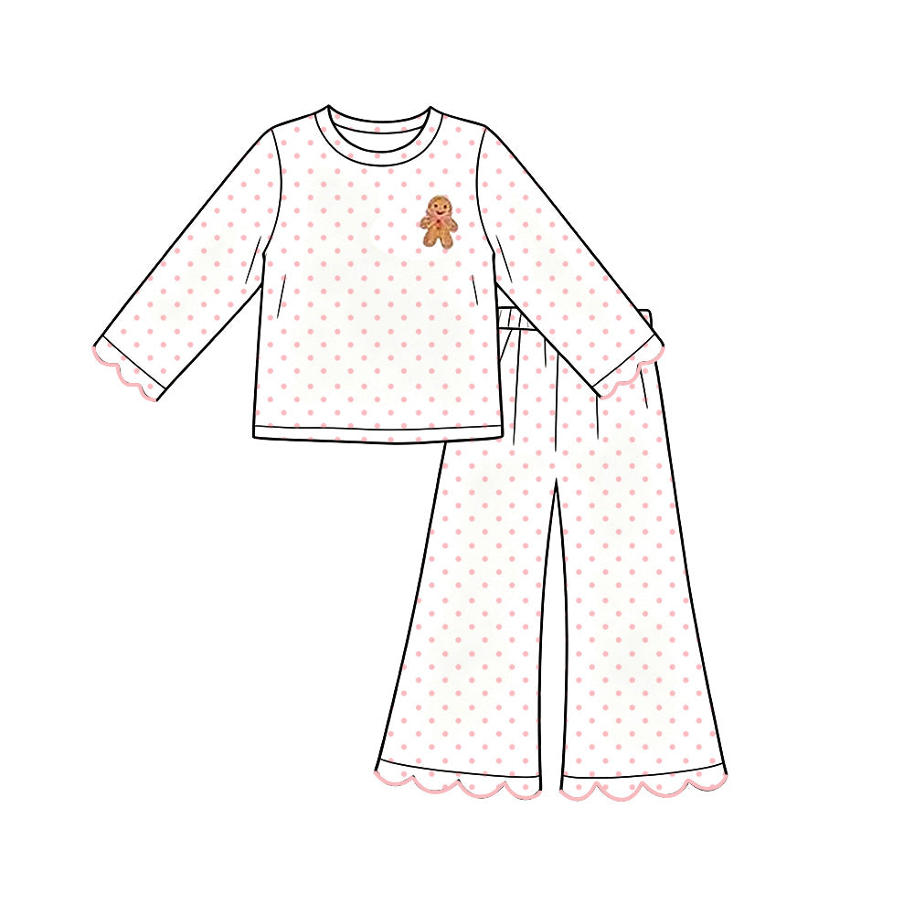 Baby Girls Pink Polka Dots Gingerbread Top Scallop Flare Pant Christmas Clothes Set Preorder