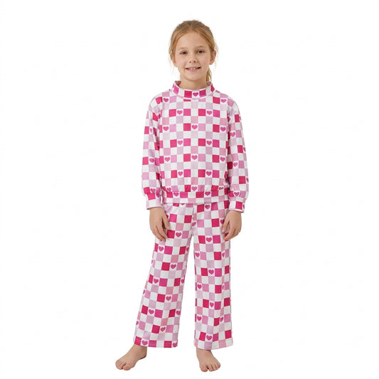 Baby Girls Pink Checked Hearts Mock Neck Top Flare Pant Valentines Clothes Set