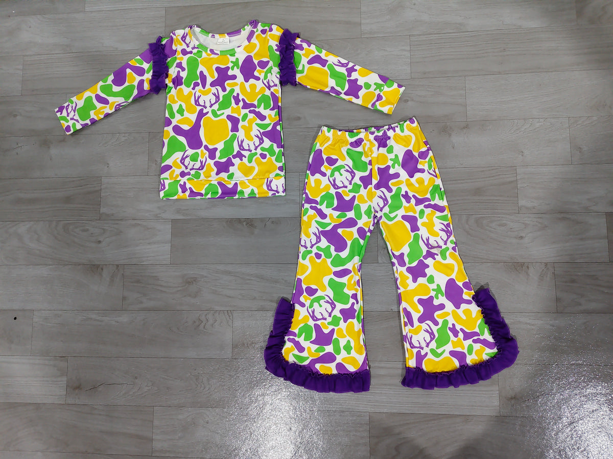 Baby Girls Mardigras Deer Camo Top Bell Bottom Pant Hunting Clothes Set