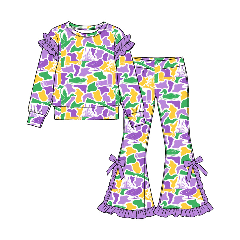 Baby Girls Mardigras Ducks Camo Top Bell Bottom Pant Hunting Clothes Set Preorder