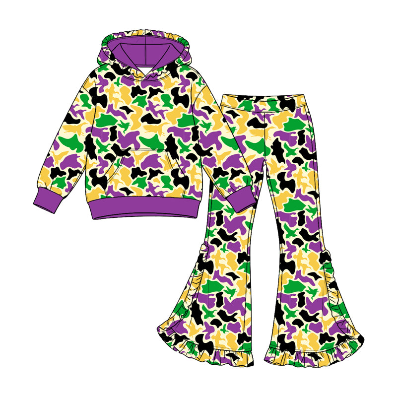 Baby Girls Mardigras Ducks Camo Pocket Hoodie Bell Bottom Pant Clothes Set Preorder