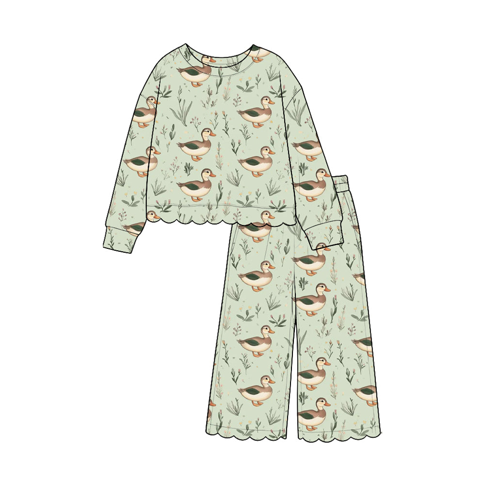 Baby Girls Flowers Ducks Top Pockets Flare Pant Hunting Scallop Clothes Set Preorder
