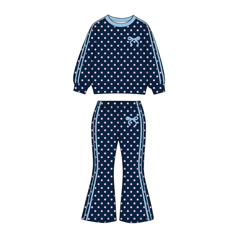 Baby Girls Navy Polka Dots Bow Top Bell Bottom Pant Clothes Set Preorder
