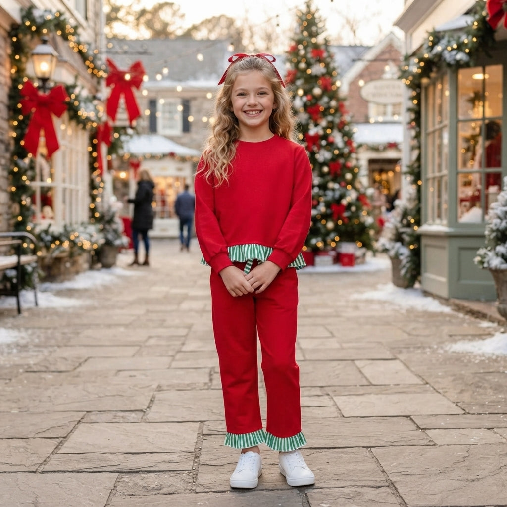Baby Girls Red Green Stripe Long Sleeve Top Ruffle Pant Clothes Set