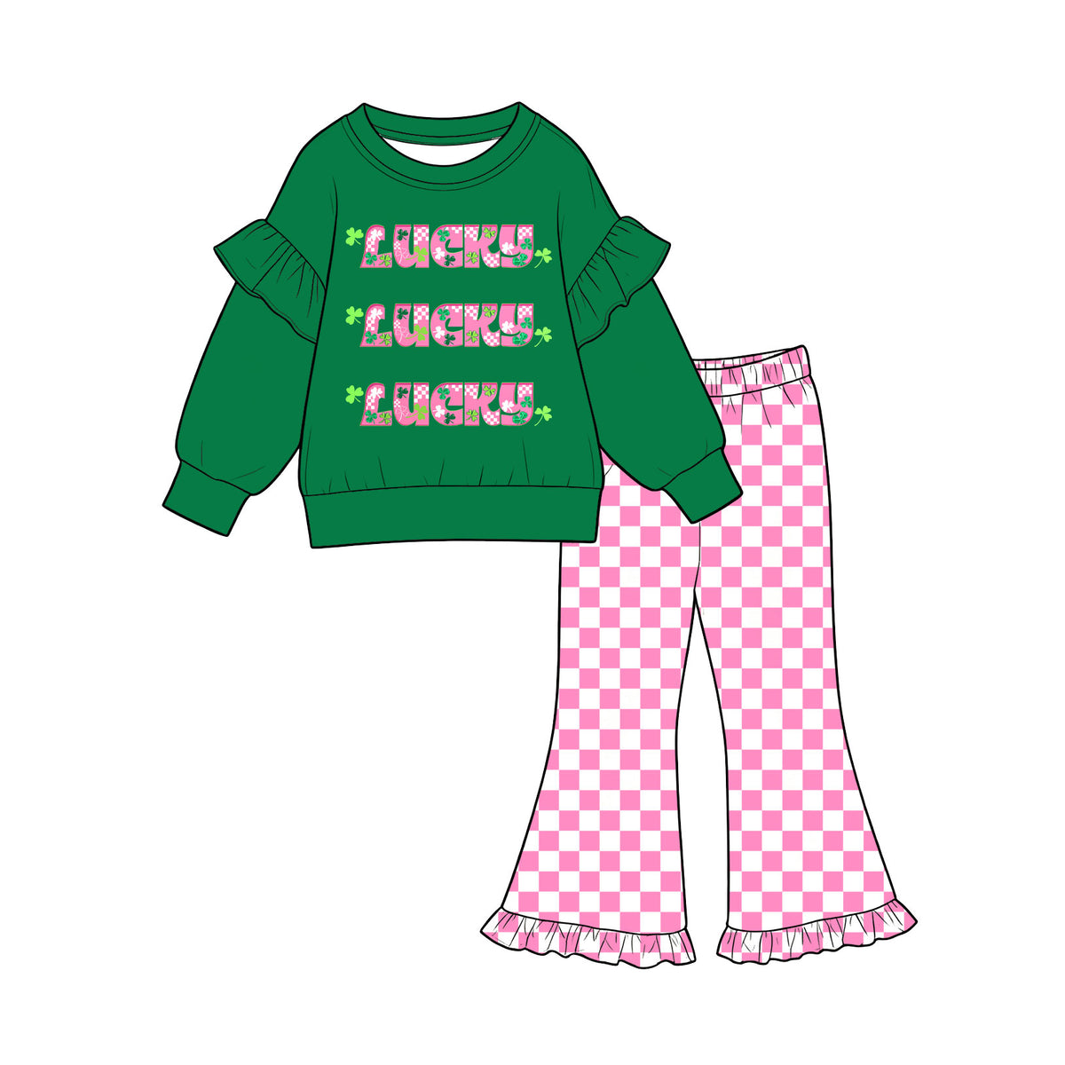 Baby Girls Green Lucky Clovers Top Pink Checked Ruffle Pant St Patrick Clothes Set Preorder