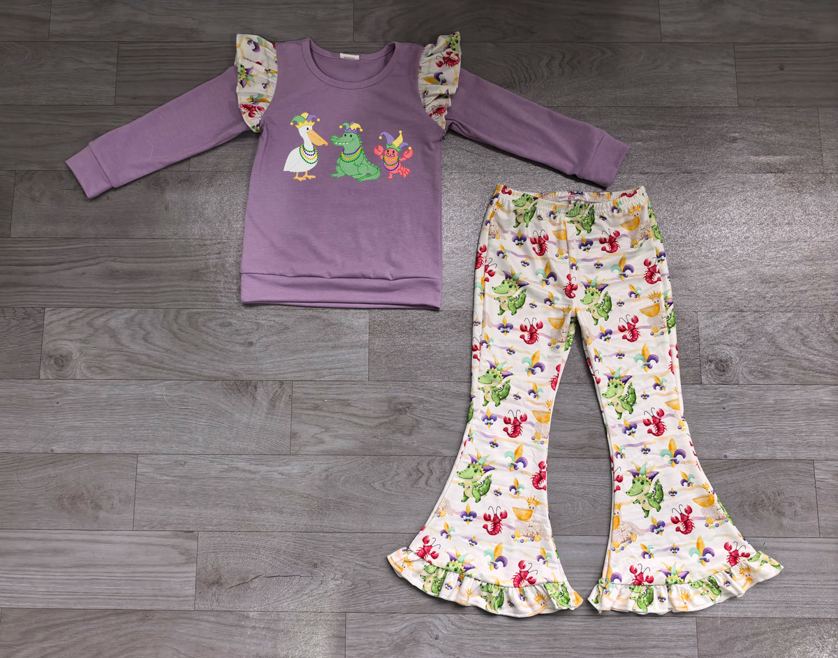 Embroidery Anchors Crayfishes Baby Girls Mardigras Ruffle Flare Pant Clothes Set Preorder