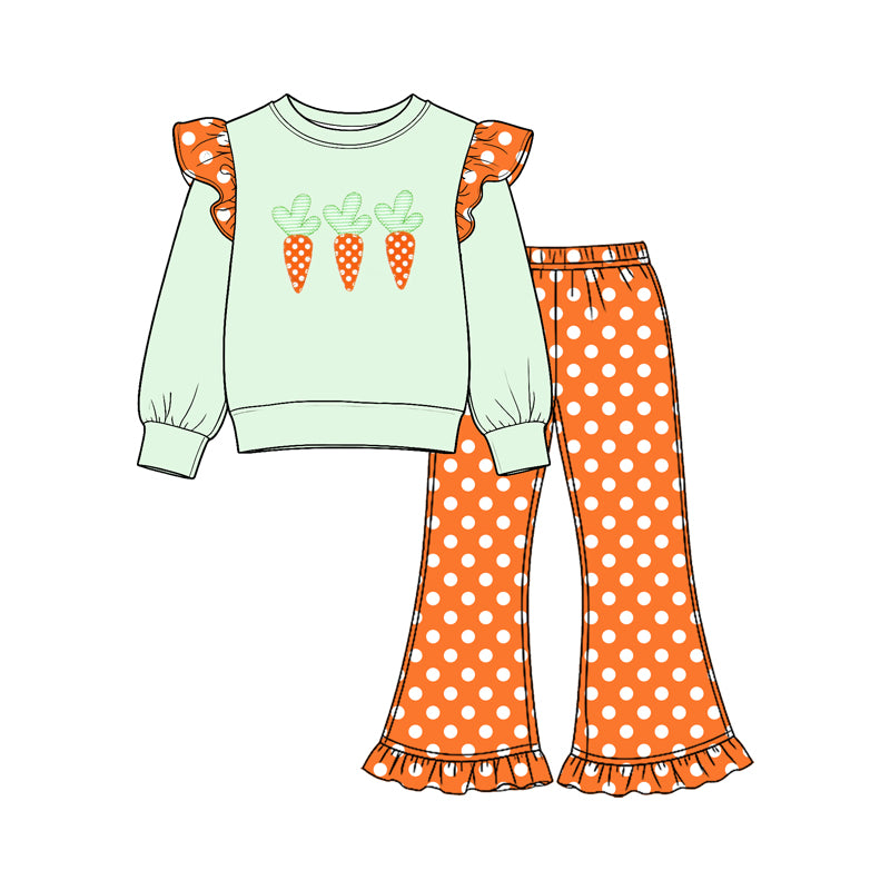 Baby Girls Polka Dots Carrots Top Ruffle Pant Easter Clothes Set Preorder