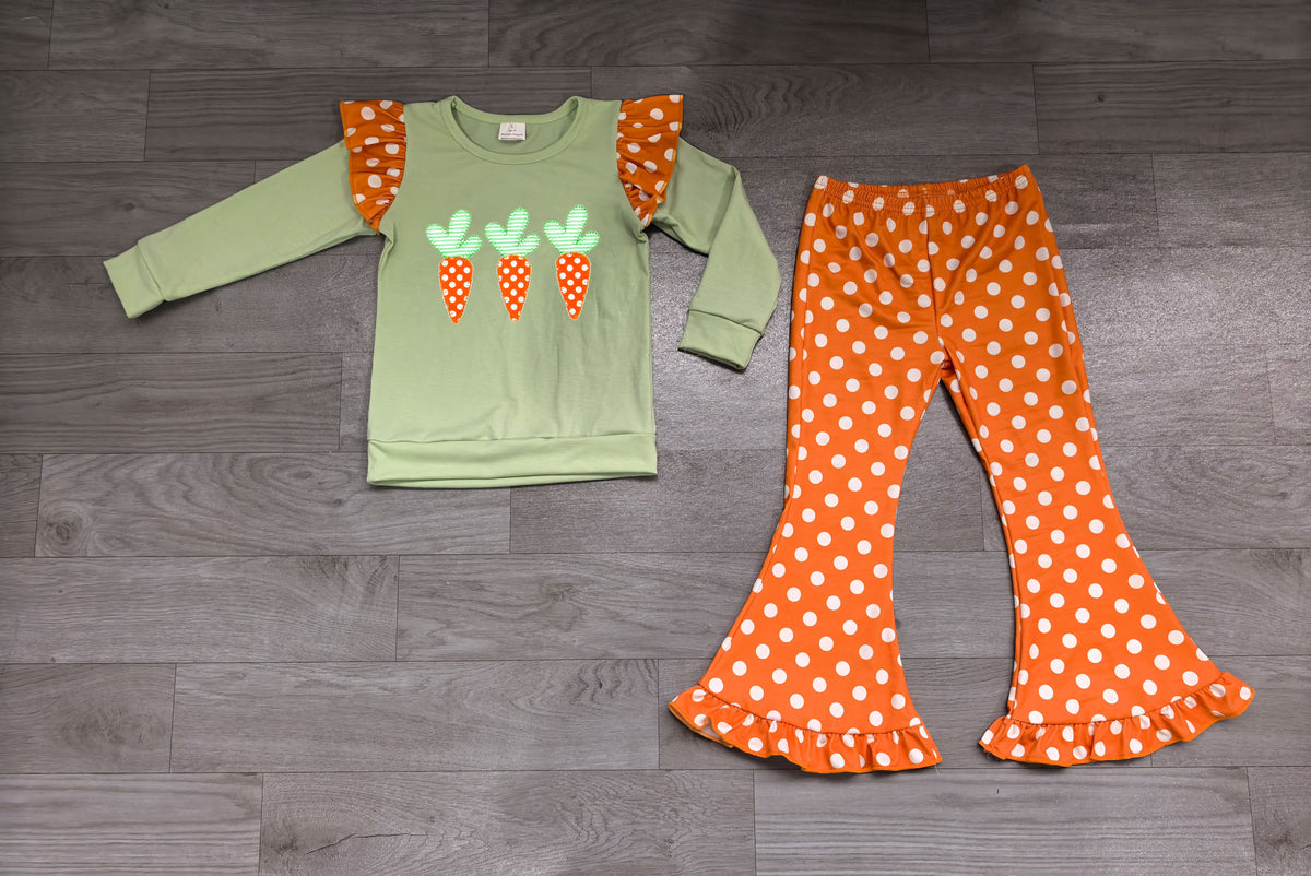 Embroidery Carrots Baby Girls Polka Dots Ruffle Pant Easter Clothes Set Preorder