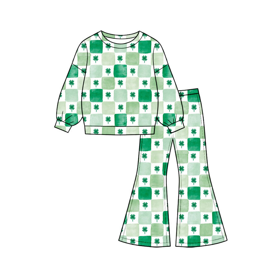 Baby Girls Green Clovers Checked Top Bell Bottom Pant St Patrick Clothes Set Preorder