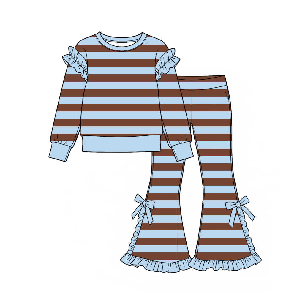 Baby Girls Brown Blue Stripe Top Ruffle Bell Bottom Pant Clothes Set Preorder