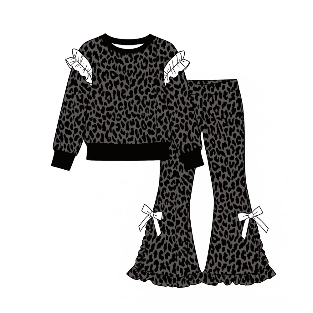 Baby Girls Black Leopard Top Ruffle Bell Bottom Pant Clothes Set Preorder