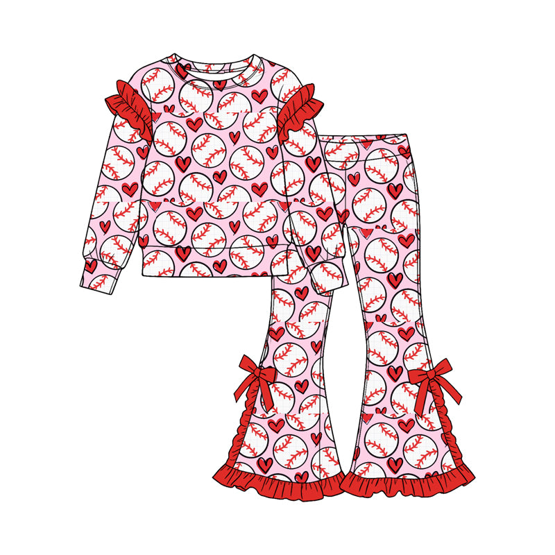 Baby Girls Hearts Baseballs Top Ruffle Bell Bottom Pant Valentines Clothes Set Preorder