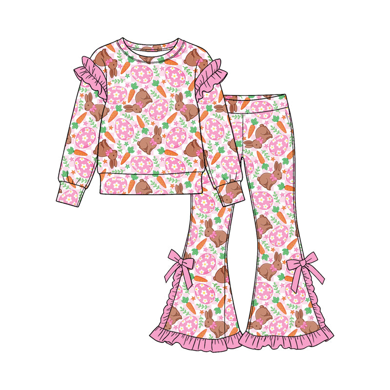 Baby Girls Flowers Eggs Rabbits Top Ruffle Bell Bottom Pant Easter Clothes Set Preorder