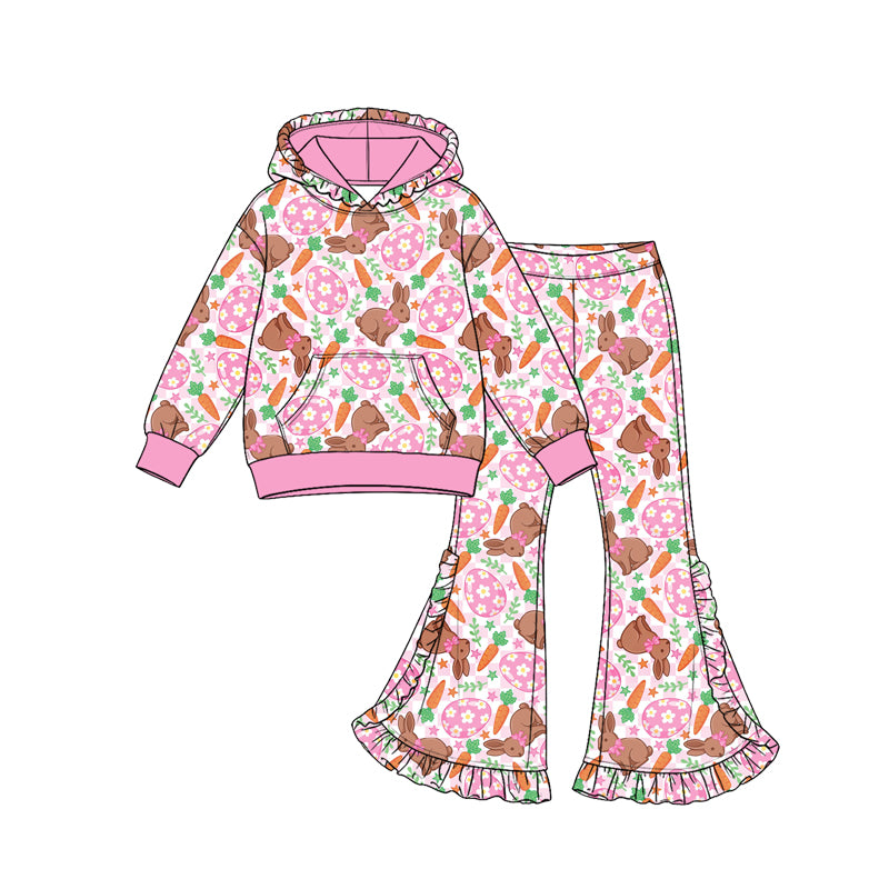 Baby Girls Flowers Eggs Rabbits Pocket Hoodie Ruffle Bell Bottom Pant Easter Set Preorder