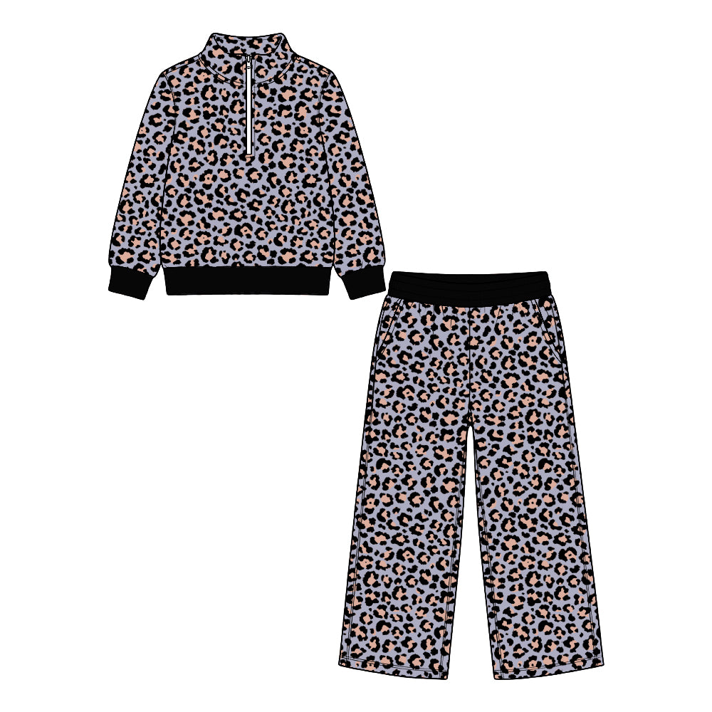 Baby Girls Peach Black Leopard Zip Pullovers Pockets Flare Pant Clothes Set Preorder