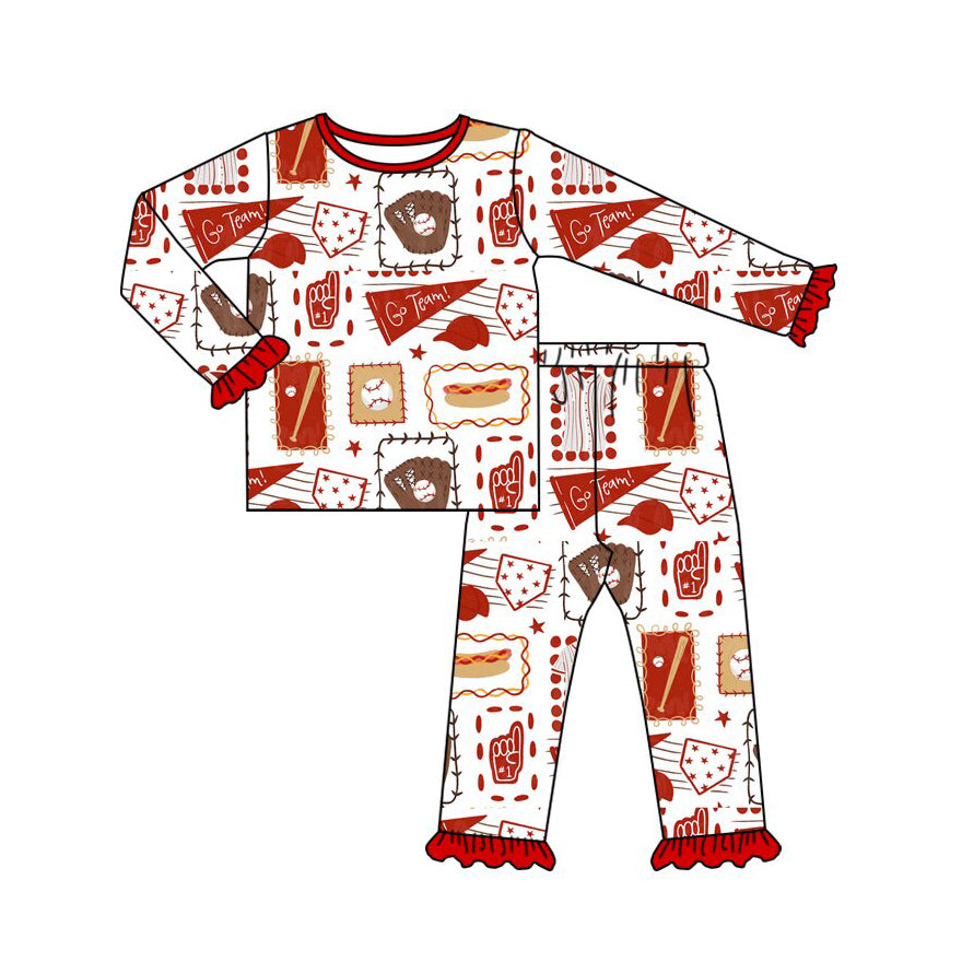 Baby Girls Baseballs Go Team Top Ruffle Pant Pajamas Set Preorder