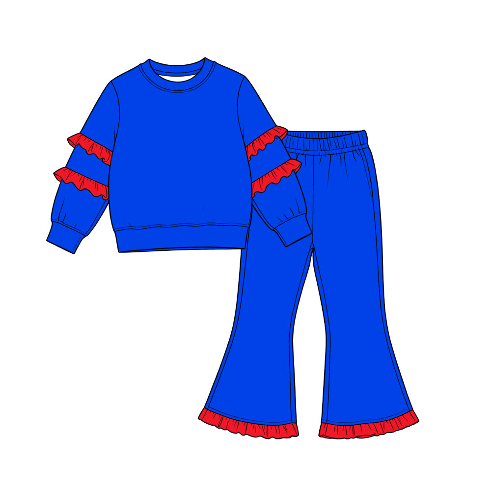 Baby Girls Red Blue Long Sleeve Shirts Top Ruffle Bell Bottom Pant Clothes Set Preorder