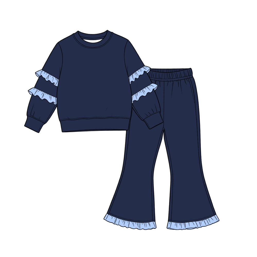 Baby Girls Navy Blue Long Sleeve Shirts Top Ruffle Bell Bottom Pant Clothes Set Preorder