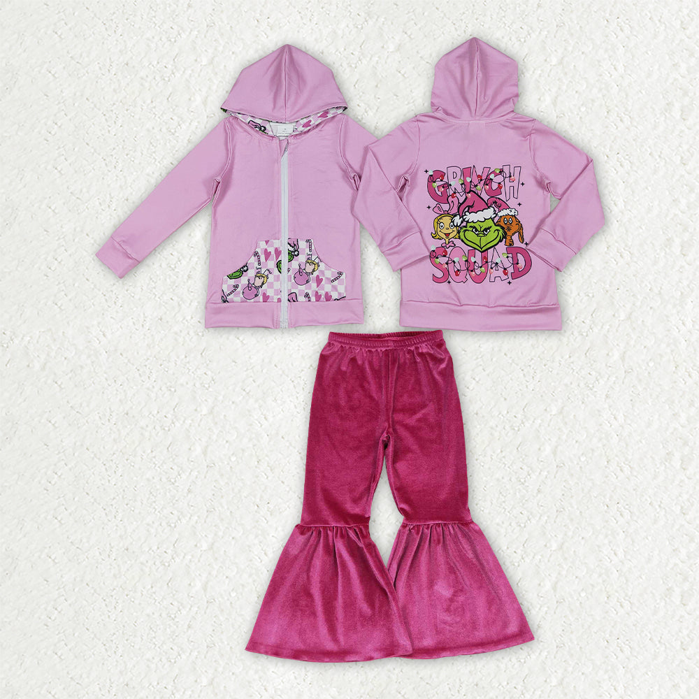 Baby Girls Christmas Frogs Zip Pocket Hoodie Jacket Velvet Bell Bottom Pant Clothes Set