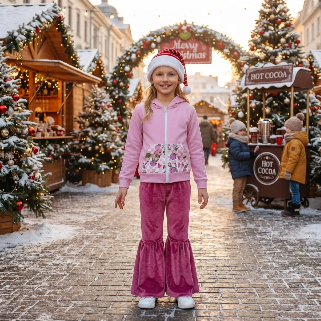 Baby Girls Christmas Frogs Zip Pocket Hoodie Jacket Velvet Bell Bottom Pant Clothes Set