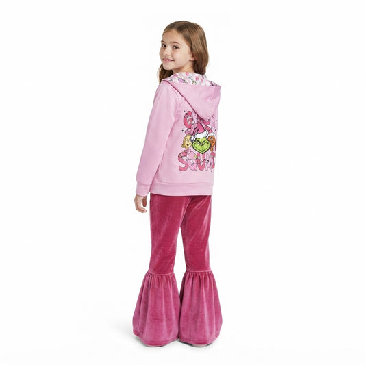 Baby Girls Christmas Frogs Zip Pocket Hoodie Jacket Velvet Bell Bottom Pant Clothes Set