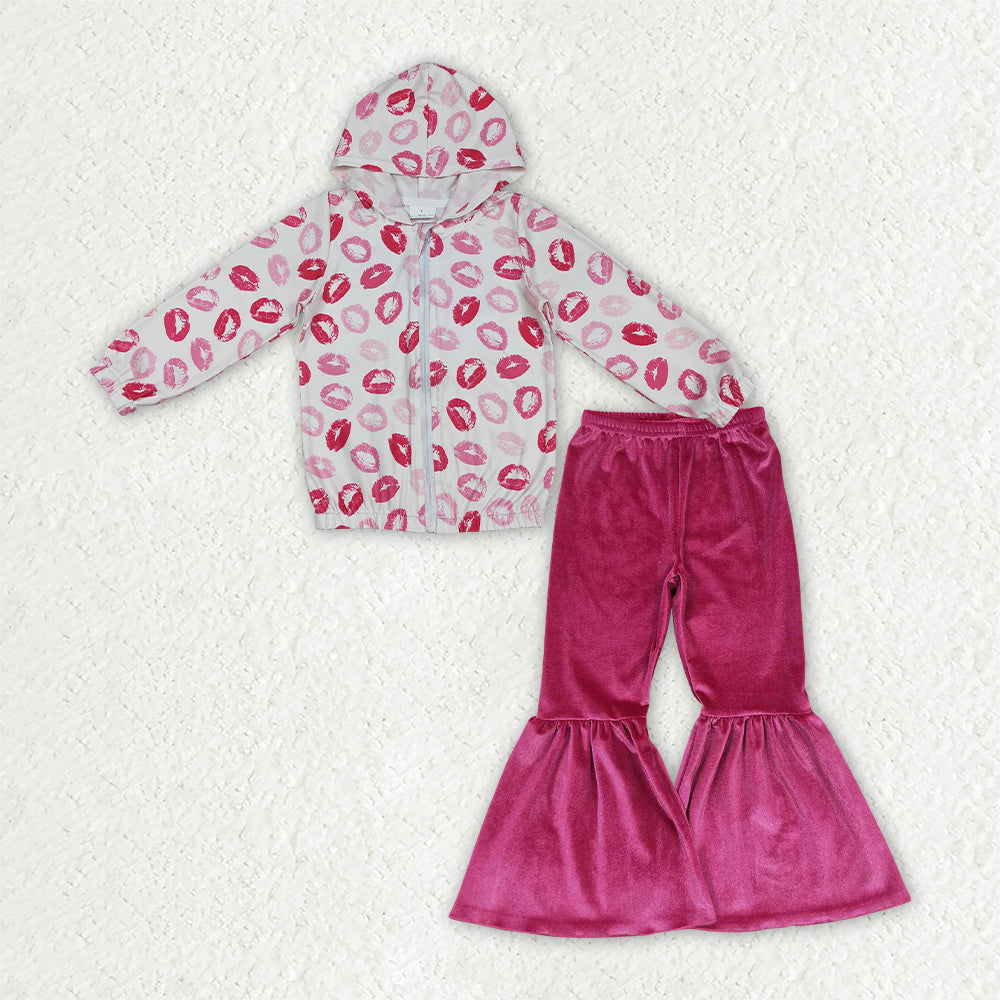 Baby Girls Mouths Zip Pockets Hoodie Jacket Velvet Bell Bottom Pant Valentines Clothes Set