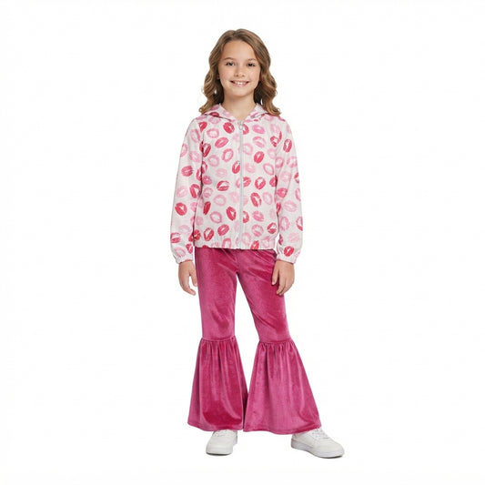 Baby Girls Mouths Zip Pockets Hoodie Jacket Velvet Bell Bottom Pant Valentines Clothes Set