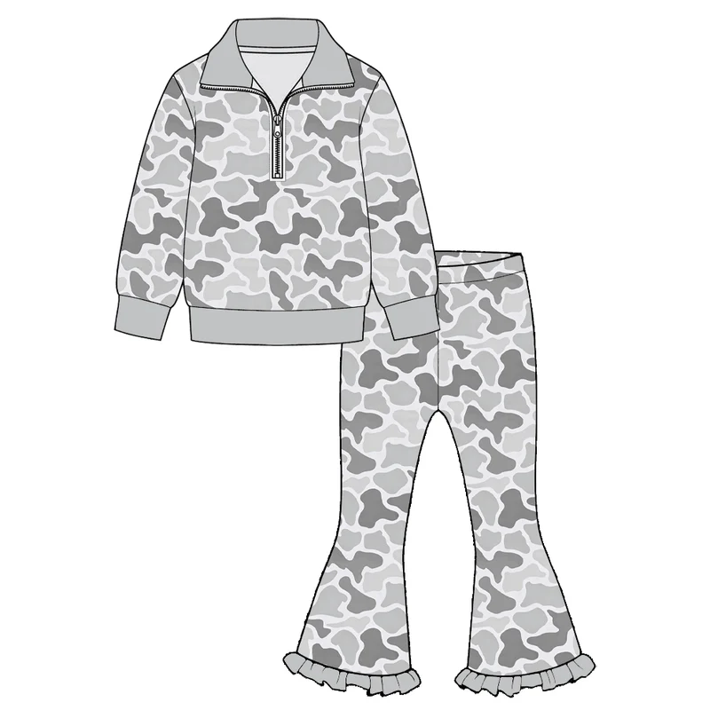 Preorder moq 5 Baby Girls Grey Camo Zip Pullovers Bell Bottom Pants
